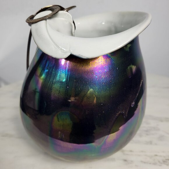 STUNNING VINTAGE IRIDESCENT STERLING SILVER FOLD OVER POTTERY CERAMIC VASE DISH - Picture 13 of 16